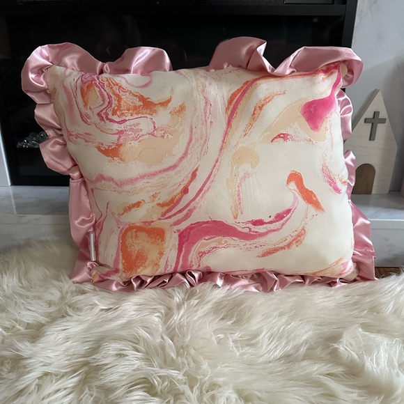 Pink and Orange Marble Throw Pillows with Pink Silk Ruffles - Picture 2 of 9